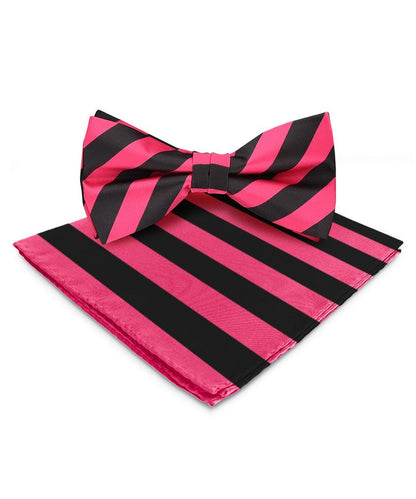 Vittorio Farina Men's Striped Satin Bow Tie & Pocket Square in Gift Box - Suits You Sir - Hot Pink and Black - 
