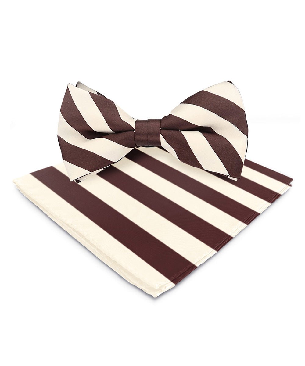 Vittorio Farina Men's Striped Satin Bow Tie & Pocket Square in Gift Box - Suits You Sir - Ivory and Brown - 