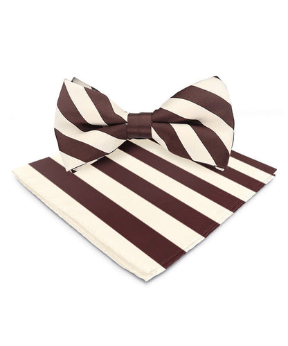 Vittorio Farina Men's Striped Satin Bow Tie & Pocket Square in Gift Box - Suits You Sir - Ivory and Brown - 