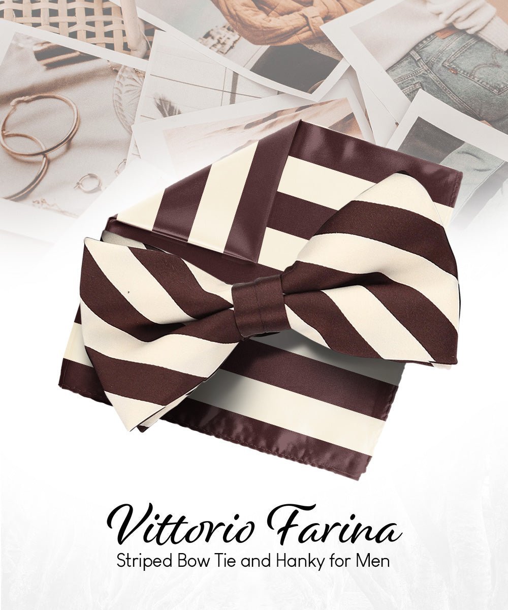 Vittorio Farina Men's Striped Satin Bow Tie & Pocket Square in Gift Box - Suits You Sir - Ivory and Brown - 