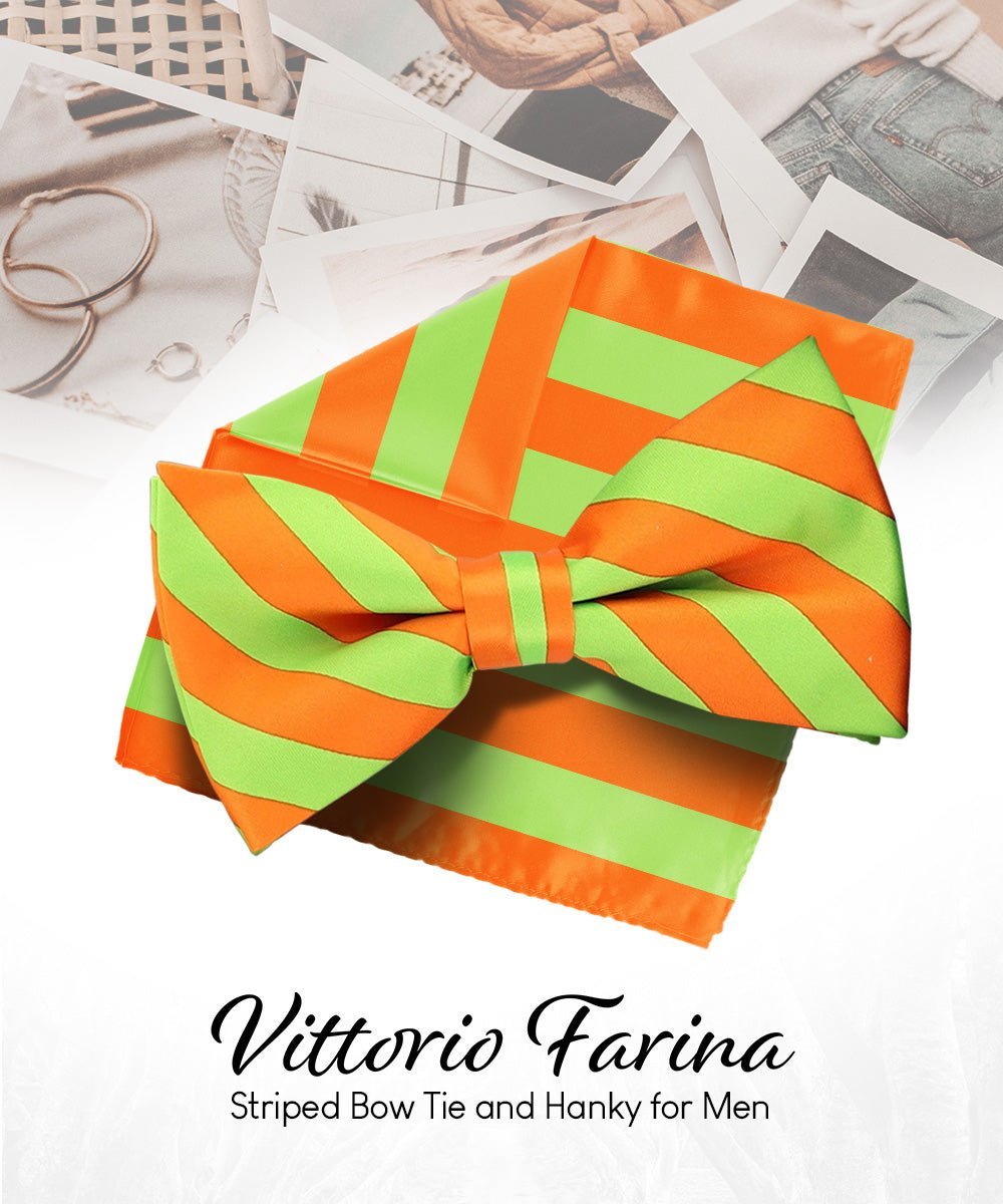 Vittorio Farina Men's Striped Satin Bow Tie & Pocket Square in Gift Box - Suits You Sir - Lime Green and Orange - 