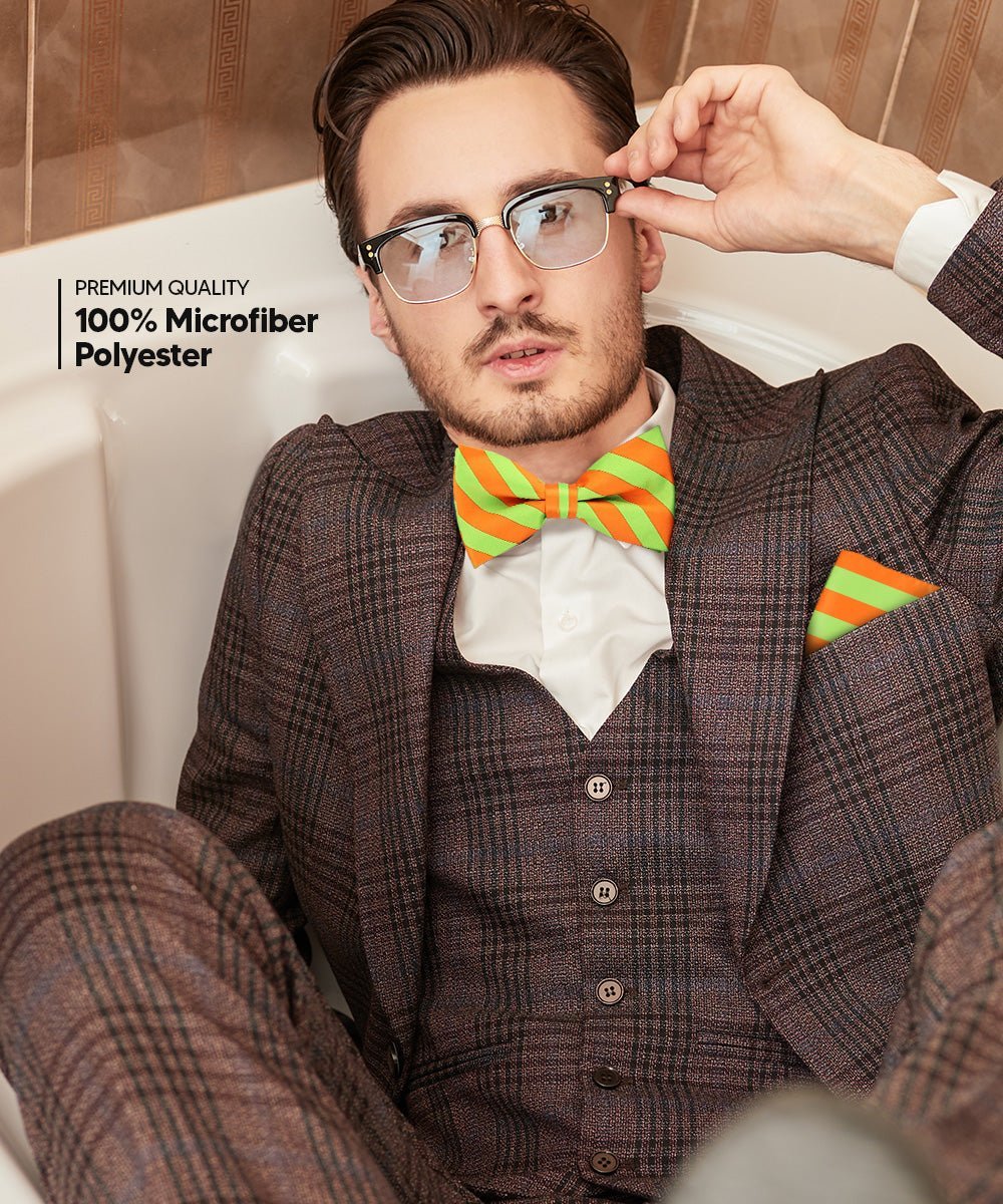 Vittorio Farina Men's Striped Satin Bow Tie & Pocket Square in Gift Box - Suits You Sir - Lime Green and Orange - 