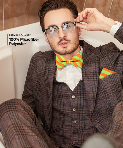 Vittorio Farina Men's Striped Satin Bow Tie & Pocket Square in Gift Box - Suits You Sir - Lime Green and Orange - 