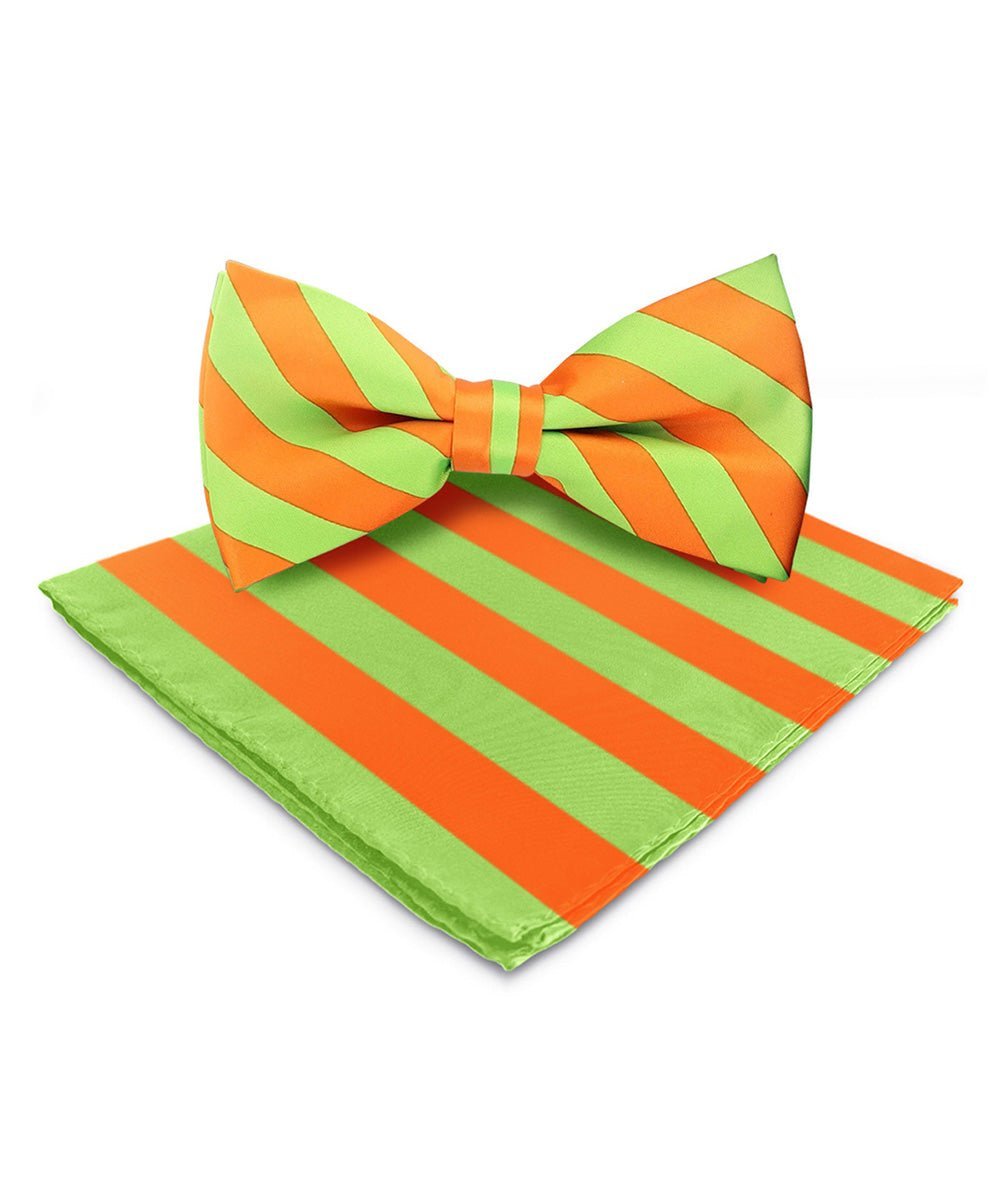 Vittorio Farina Men's Striped Satin Bow Tie & Pocket Square in Gift Box - Suits You Sir - Lime Green and Orange - 