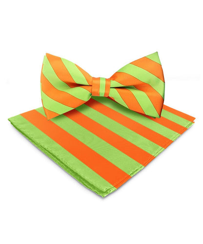 Vittorio Farina Men's Striped Satin Bow Tie & Pocket Square in Gift Box - Suits You Sir - Lime Green and Orange - 
