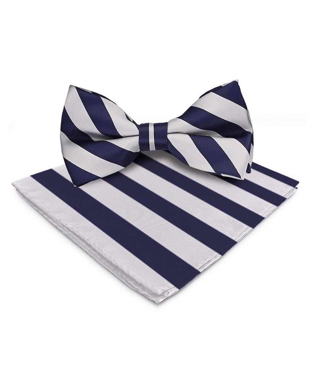 Vittorio Farina Men's Striped Satin Bow Tie & Pocket Square in Gift Box - Suits You Sir - Navy Blue and Gray - 