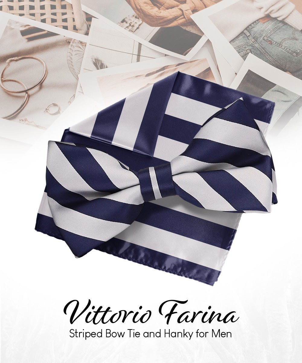 Vittorio Farina Men's Striped Satin Bow Tie & Pocket Square in Gift Box - Suits You Sir - Navy Blue and Gray - 