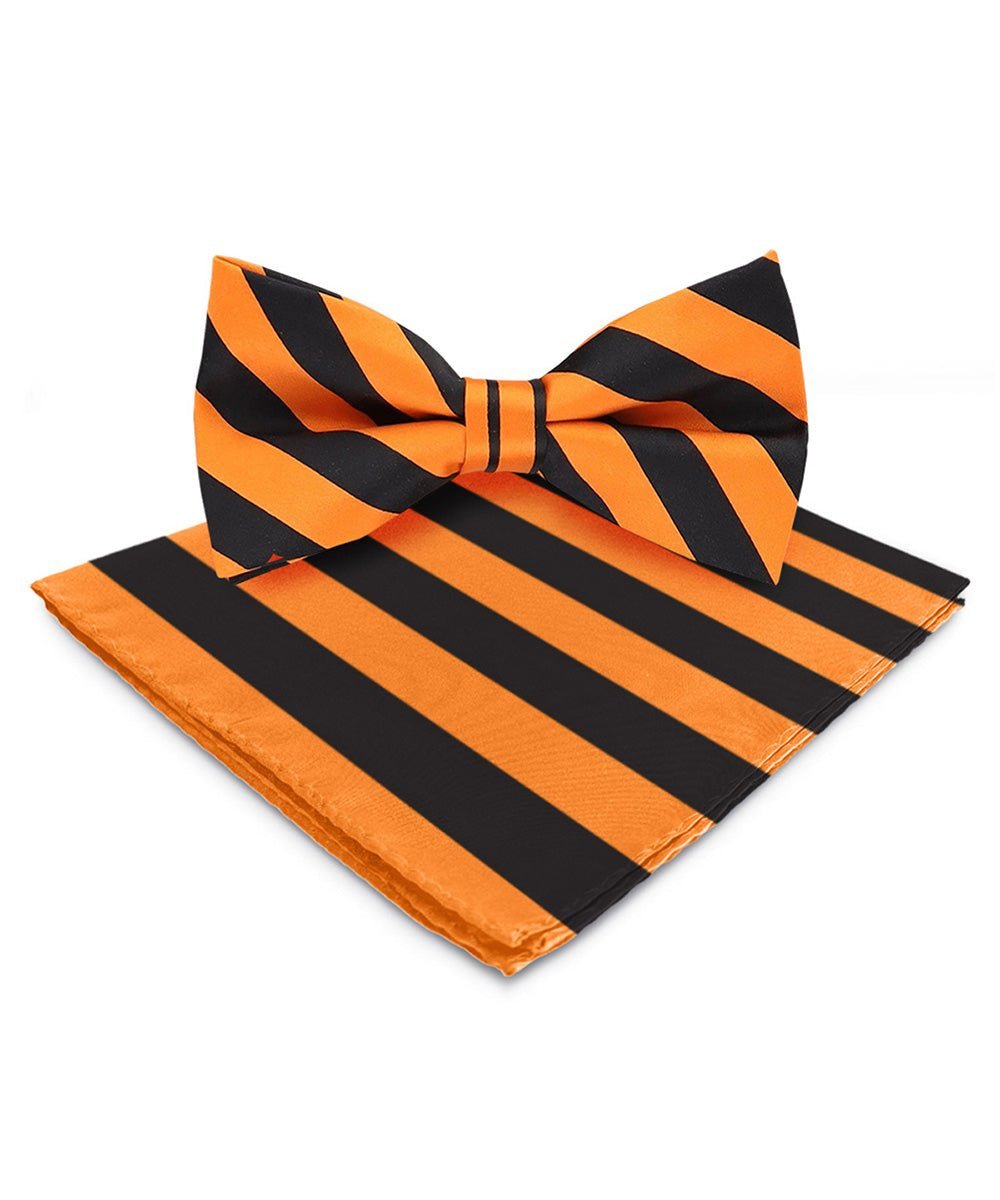 Vittorio Farina Men's Striped Satin Bow Tie & Pocket Square in Gift Box - Suits You Sir - Orange and Black - 