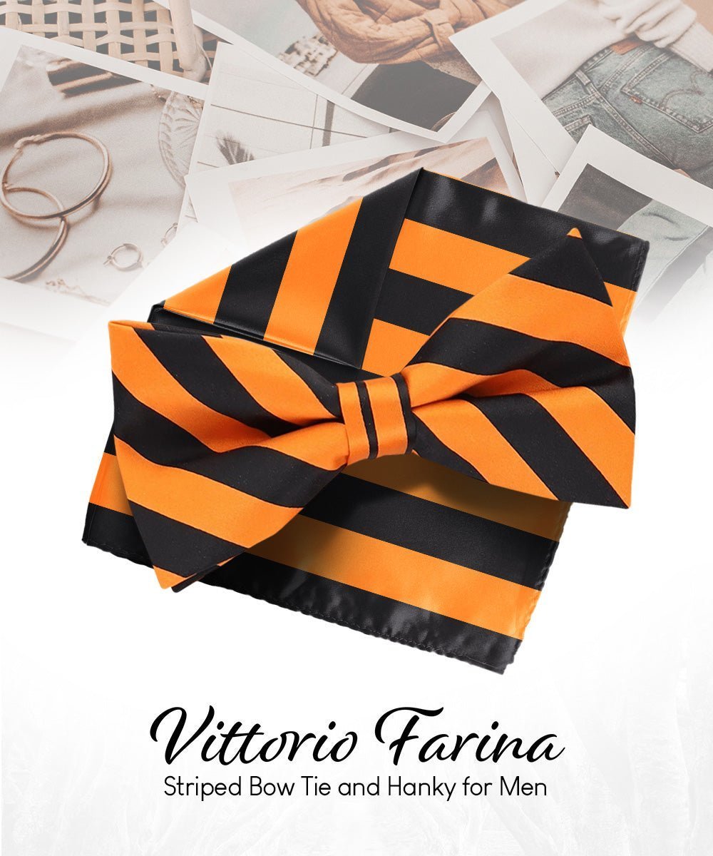 Vittorio Farina Men's Striped Satin Bow Tie & Pocket Square in Gift Box - Suits You Sir - Orange and Black - 