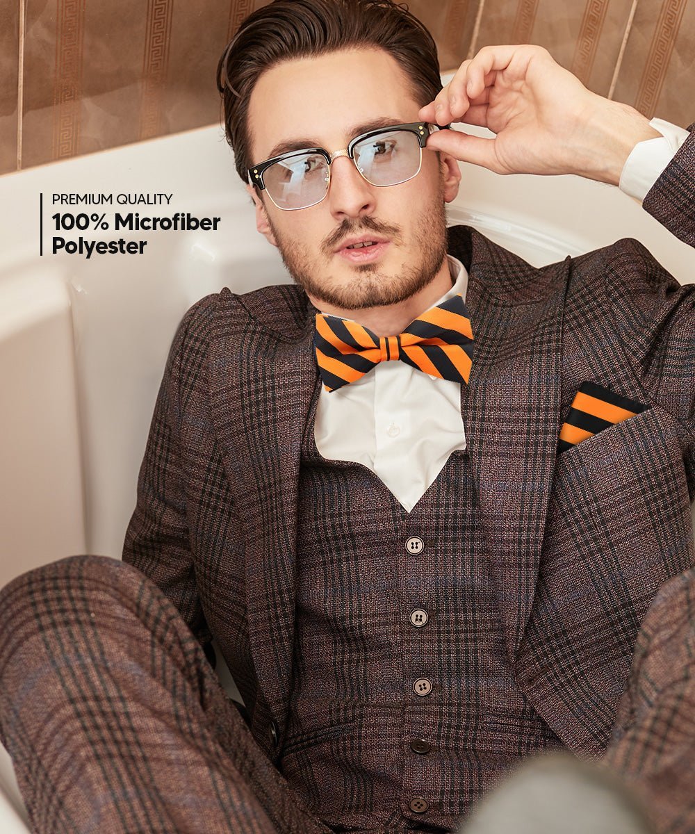 Vittorio Farina Men's Striped Satin Bow Tie & Pocket Square in Gift Box - Suits You Sir - Orange and Black - 