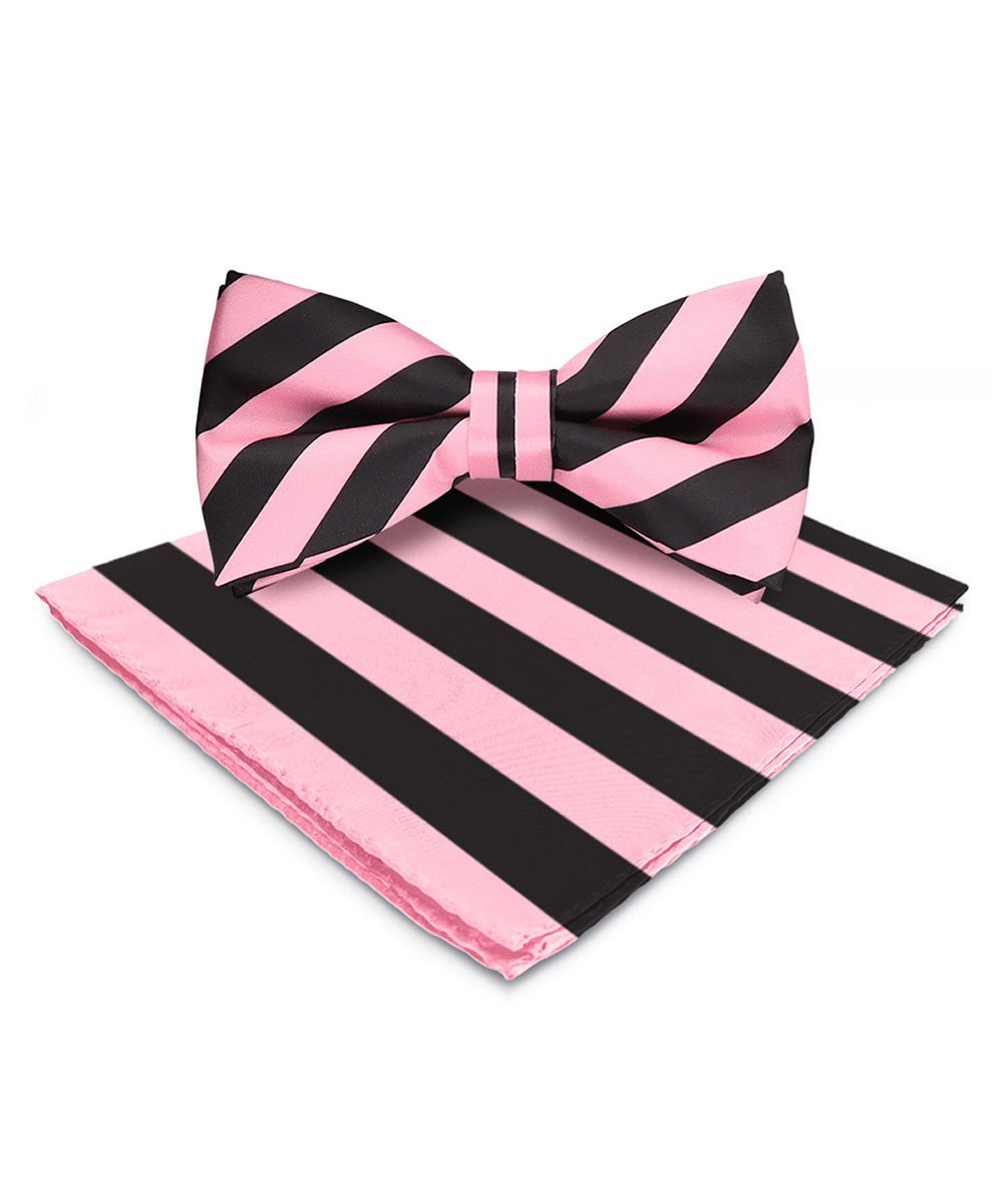 Vittorio Farina Men's Striped Satin Bow Tie & Pocket Square in Gift Box - Suits You Sir - Pink and Black - 