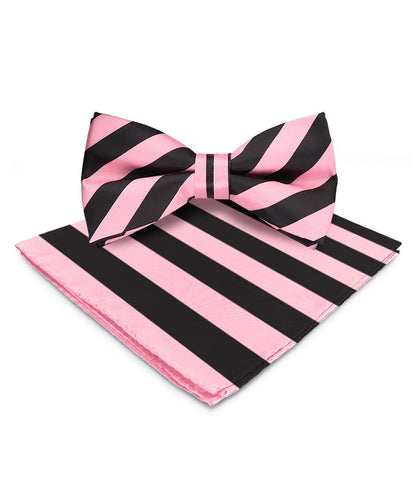 Vittorio Farina Men's Striped Satin Bow Tie & Pocket Square in Gift Box - Suits You Sir - Pink and Black - 