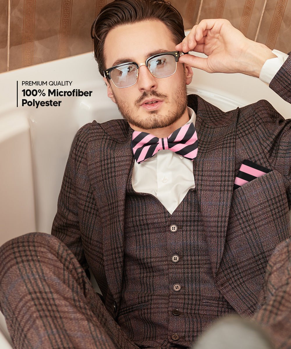 Vittorio Farina Men's Striped Satin Bow Tie & Pocket Square in Gift Box - Suits You Sir - Pink and Black - 