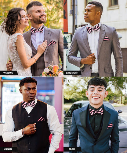 Vittorio Farina Men's Striped Satin Bow Tie & Pocket Square in Gift Box - Suits You Sir - Pink and Black - 