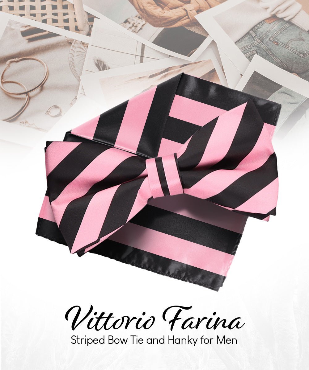 Vittorio Farina Men's Striped Satin Bow Tie & Pocket Square in Gift Box - Suits You Sir - Pink and Black - 