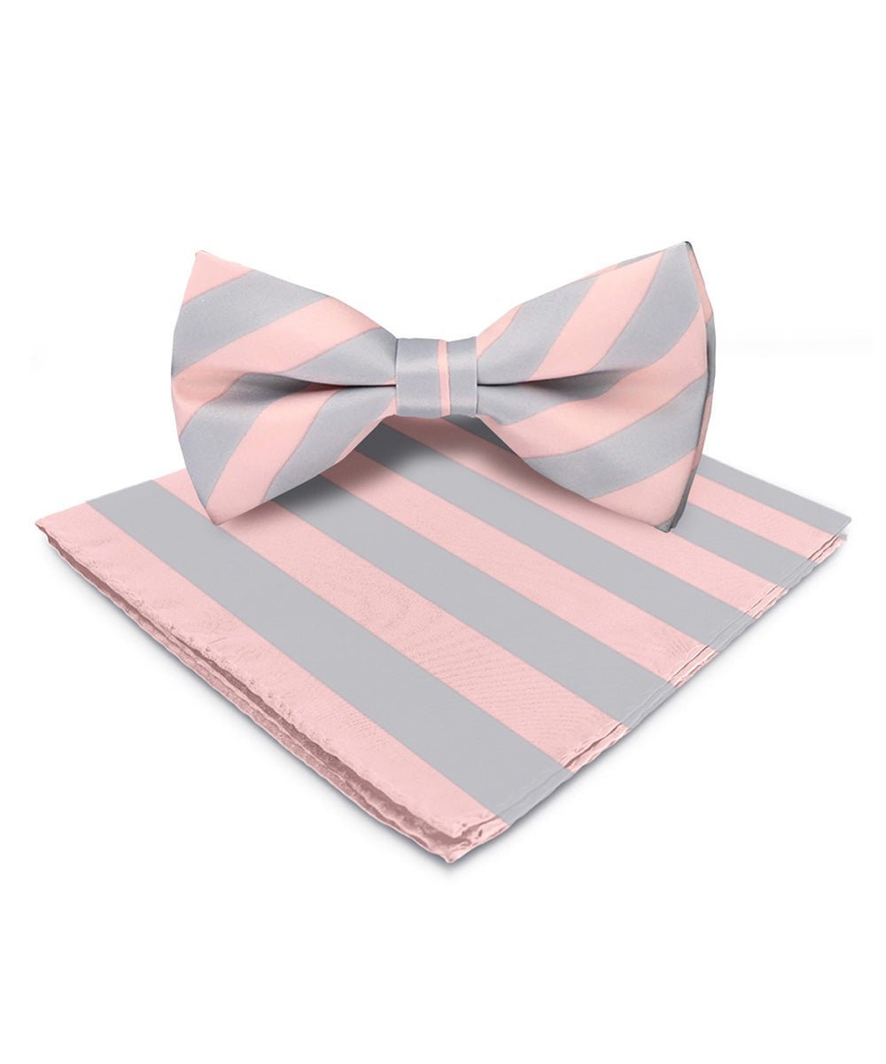 Vittorio Farina Men's Striped Satin Bow Tie & Pocket Square in Gift Box - Suits You Sir - Pink and Gray - 