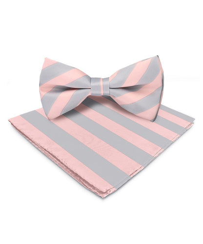 Vittorio Farina Men's Striped Satin Bow Tie & Pocket Square in Gift Box - Suits You Sir - Pink and Gray - 