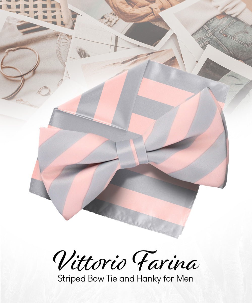Vittorio Farina Men's Striped Satin Bow Tie & Pocket Square in Gift Box - Suits You Sir - Pink and Gray - 