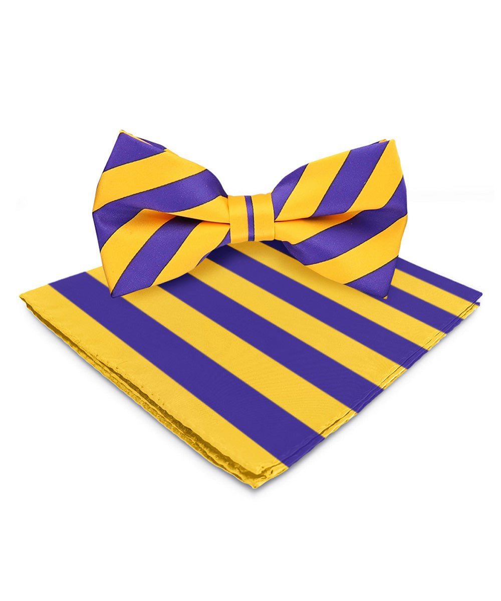 Vittorio Farina Men's Striped Satin Bow Tie & Pocket Square in Gift Box - Suits You Sir - Purple and Gold - 