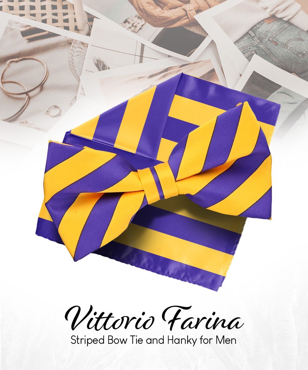 Vittorio Farina Men's Striped Satin Bow Tie & Pocket Square in Gift Box - Suits You Sir - Purple and Gold - 