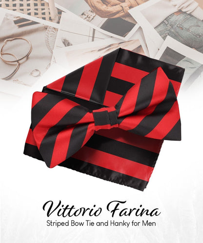 Vittorio Farina Men's Striped Satin Bow Tie & Pocket Square in Gift Box - Suits You Sir - Red and Black - 