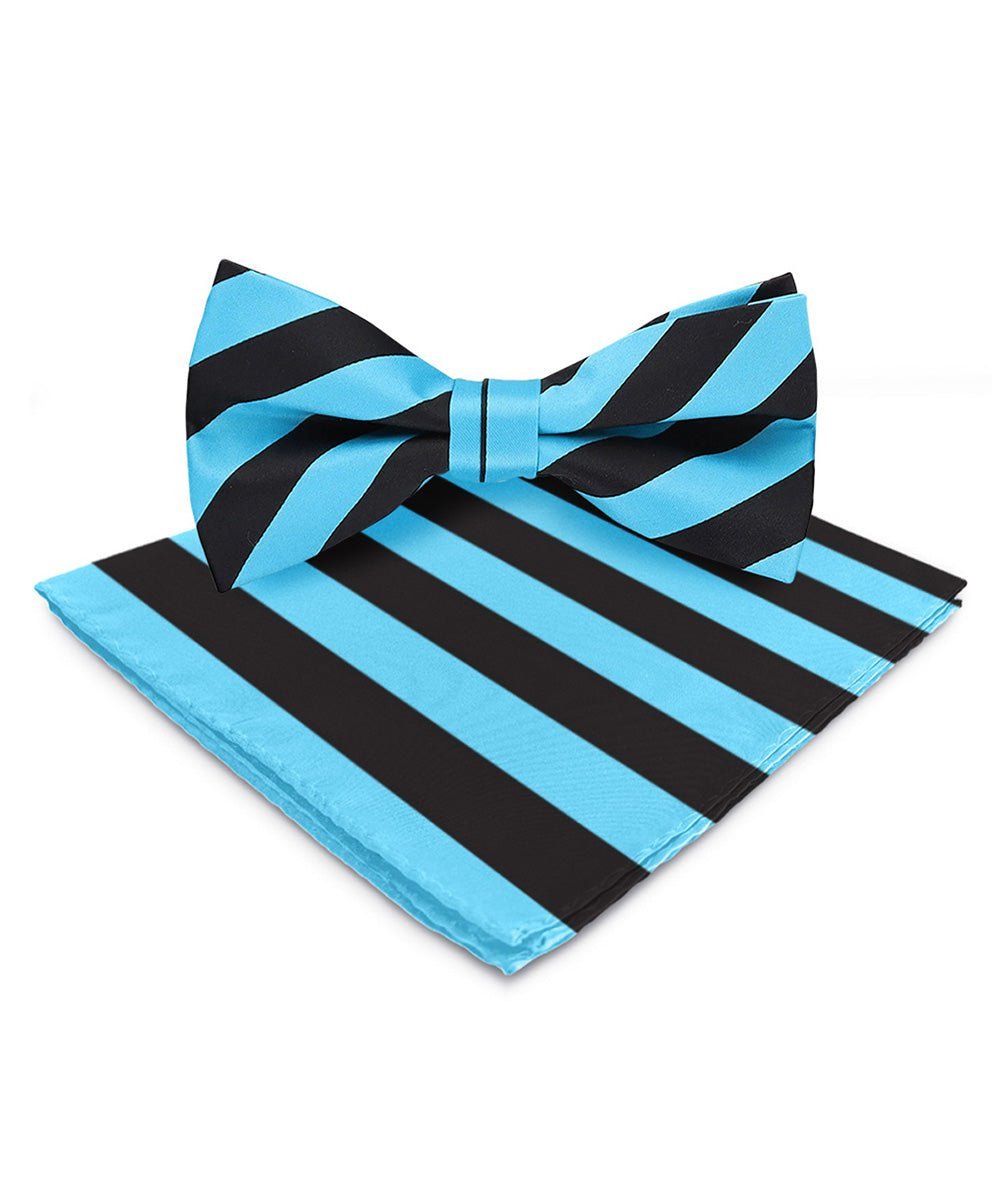 Vittorio Farina Men's Striped Satin Bow Tie & Pocket Square in Gift Box - Suits You Sir - Turquoise and Black - 