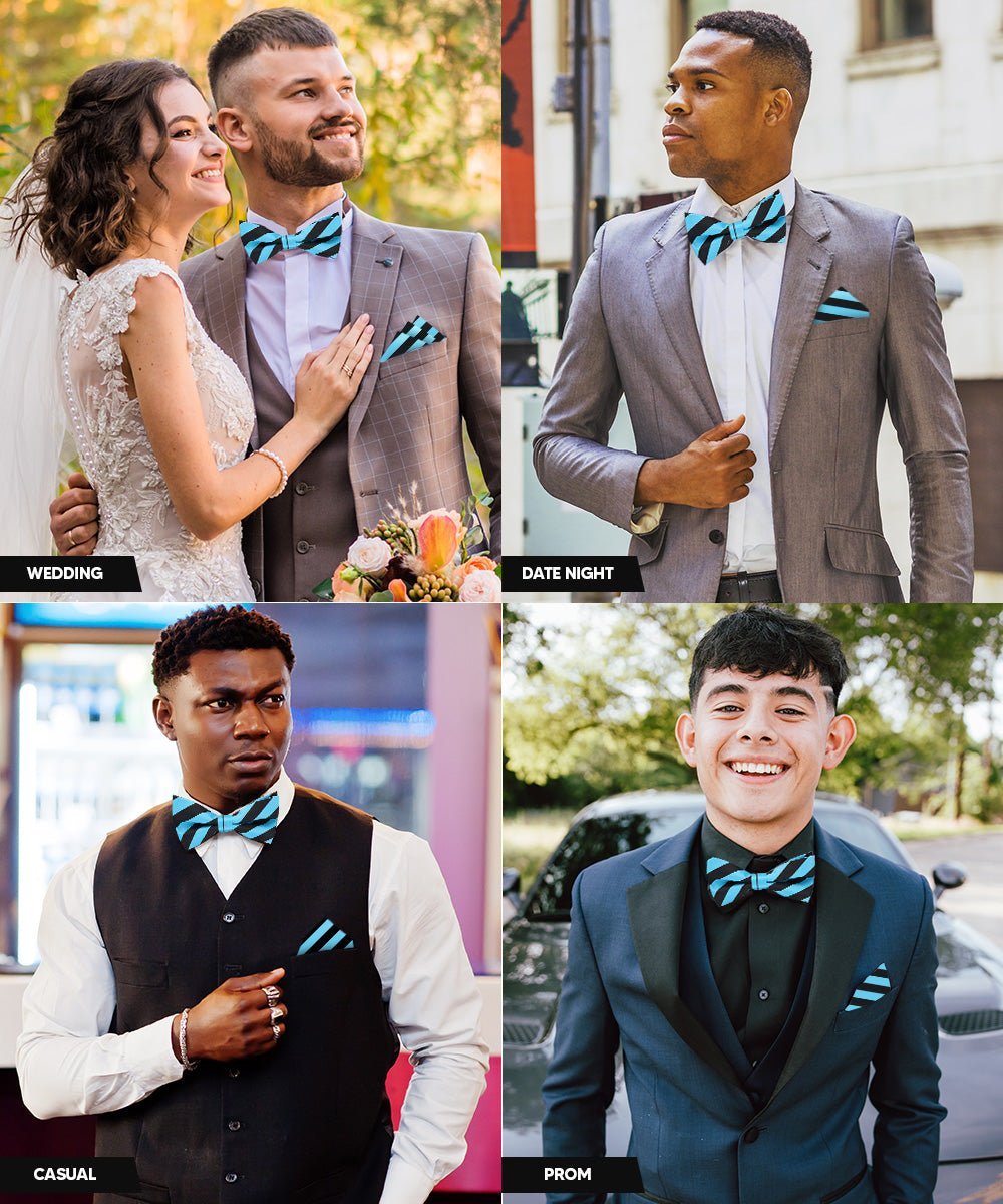 Vittorio Farina Men's Striped Satin Bow Tie & Pocket Square in Gift Box - Suits You Sir - Turquoise and Black - 