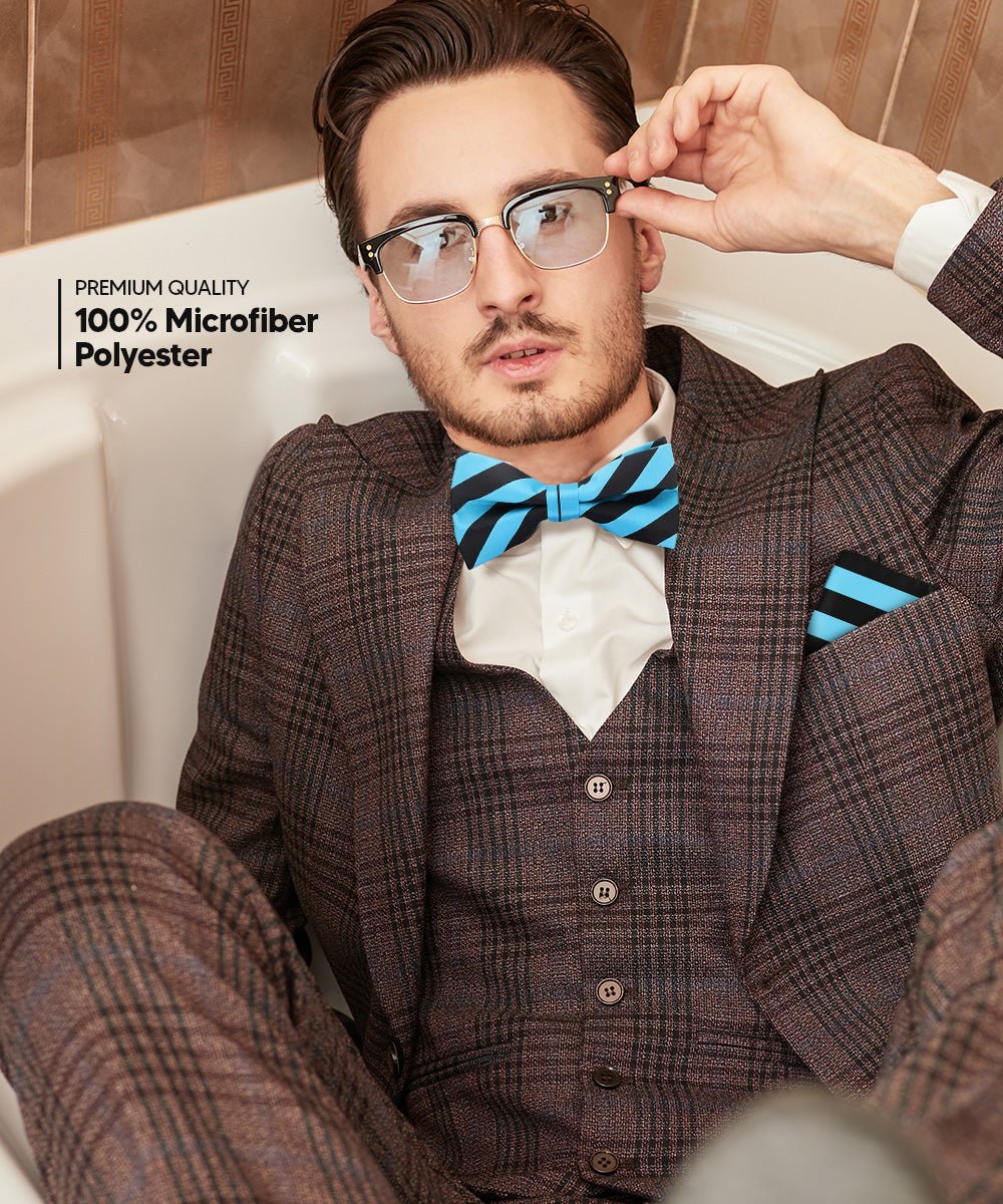 Vittorio Farina Men's Striped Satin Bow Tie & Pocket Square in Gift Box - Suits You Sir - Turquoise and Black - 