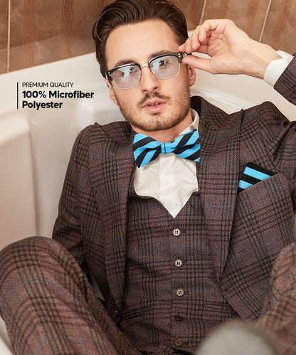 Vittorio Farina Men's Striped Satin Bow Tie & Pocket Square in Gift Box - Suits You Sir - Turquoise and Black - 