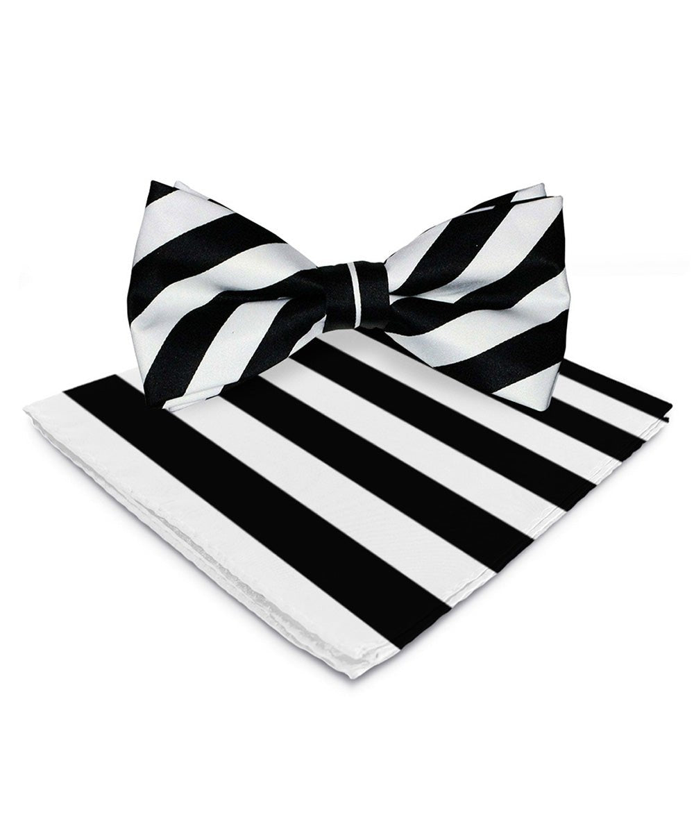 Vittorio Farina Men's Striped Satin Bow Tie & Pocket Square in Gift Box - Suits You Sir - White and Black - 