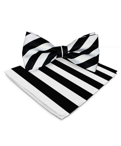 Vittorio Farina Men's Striped Satin Bow Tie & Pocket Square in Gift Box - Suits You Sir - White and Black - 