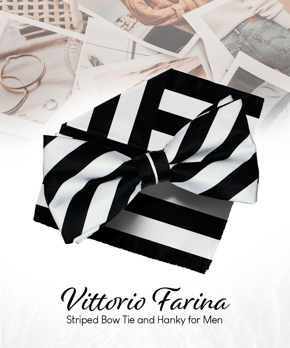 Vittorio Farina Men's Striped Satin Bow Tie & Pocket Square in Gift Box - Suits You Sir - White and Black - 