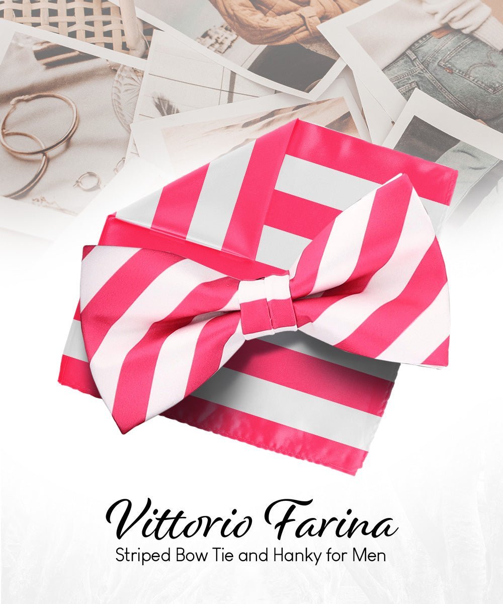 Vittorio Farina Men's Striped Satin Bow Tie & Pocket Square in Gift Box - Suits You Sir - White and Hot Pink - 