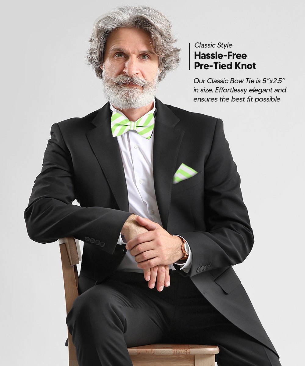 Vittorio Farina Men's Striped Satin Bow Tie & Pocket Square in Gift Box - Suits You Sir - White and Lime Green - 