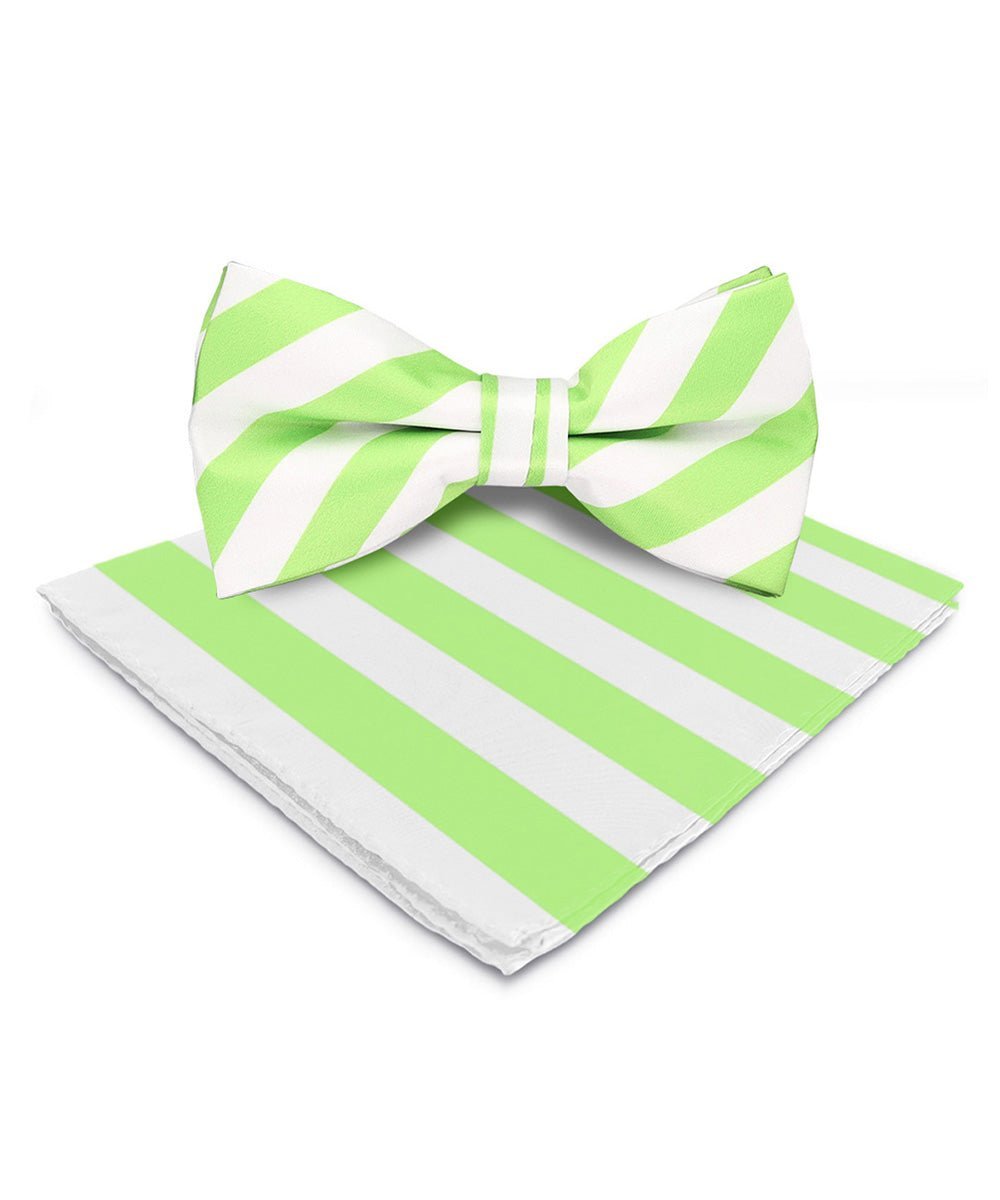 Vittorio Farina Men's Striped Satin Bow Tie & Pocket Square in Gift Box - Suits You Sir - White and Lime Green - 