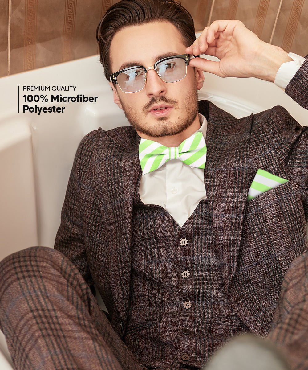 Vittorio Farina Men's Striped Satin Bow Tie & Pocket Square in Gift Box - Suits You Sir - White and Lime Green - 