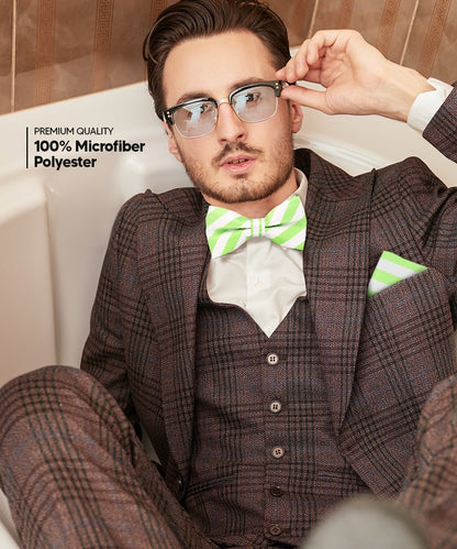 Vittorio Farina Men's Striped Satin Bow Tie & Pocket Square in Gift Box - Suits You Sir - White and Lime Green - 