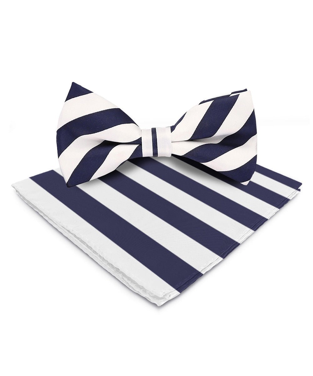 Vittorio Farina Men's Striped Satin Bow Tie & Pocket Square in Gift Box - Suits You Sir - White and Navy Blue - 