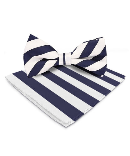 Vittorio Farina Men's Striped Satin Bow Tie & Pocket Square in Gift Box - Suits You Sir - White and Navy Blue - 