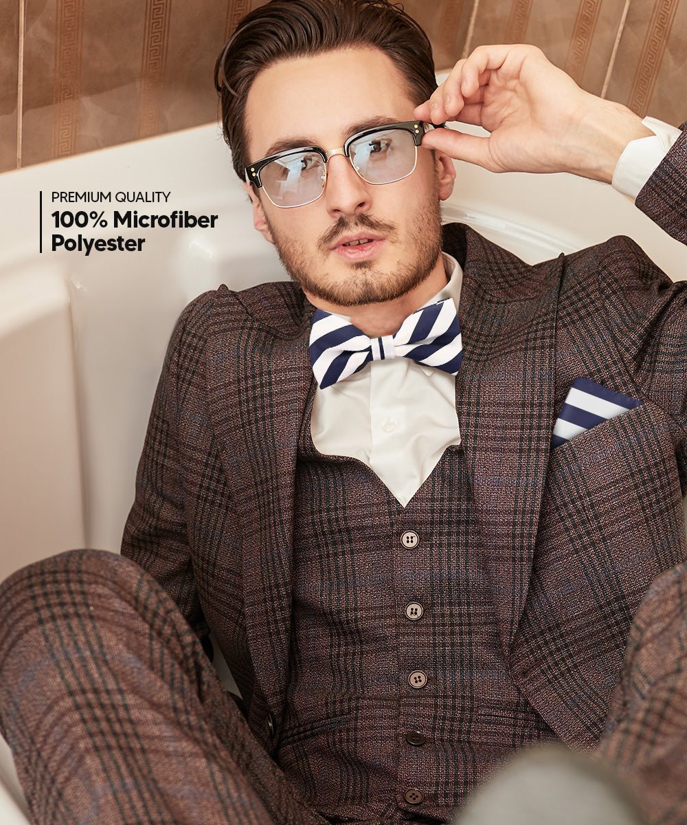 Vittorio Farina Men's Striped Satin Bow Tie & Pocket Square in Gift Box - Suits You Sir - White and Navy Blue - 