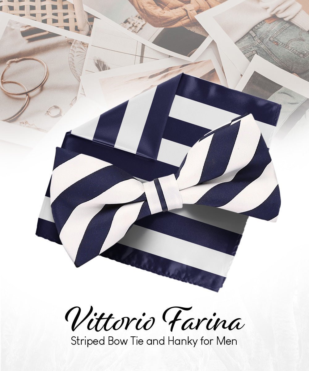 Vittorio Farina Men's Striped Satin Bow Tie & Pocket Square in Gift Box - Suits You Sir - White and Navy Blue - 