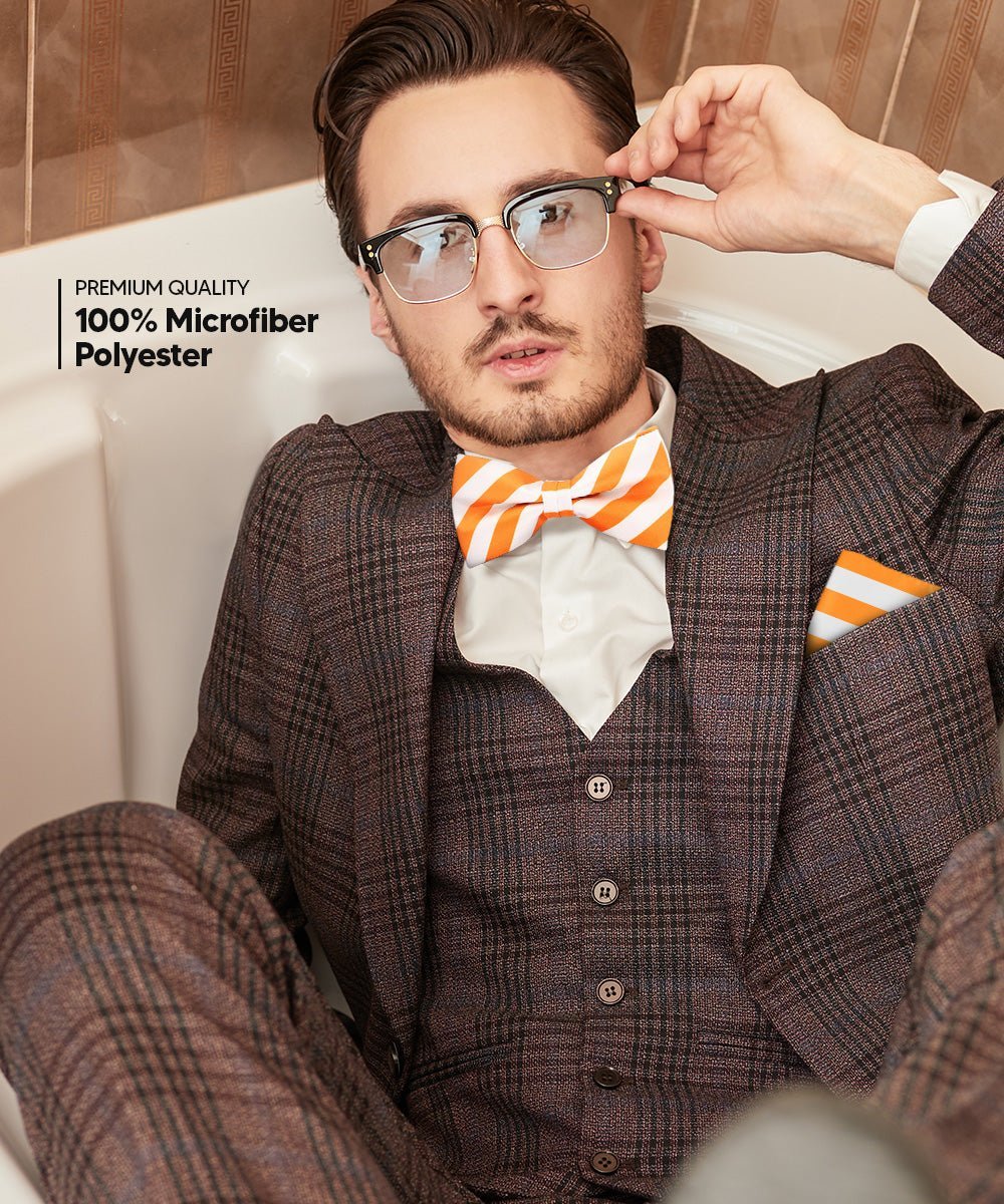 Vittorio Farina Men's Striped Satin Bow Tie & Pocket Square in Gift Box - Suits You Sir - White and Orange - 