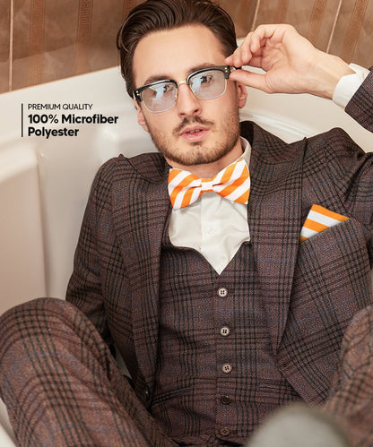 Vittorio Farina Men's Striped Satin Bow Tie & Pocket Square in Gift Box - Suits You Sir - White and Orange - 