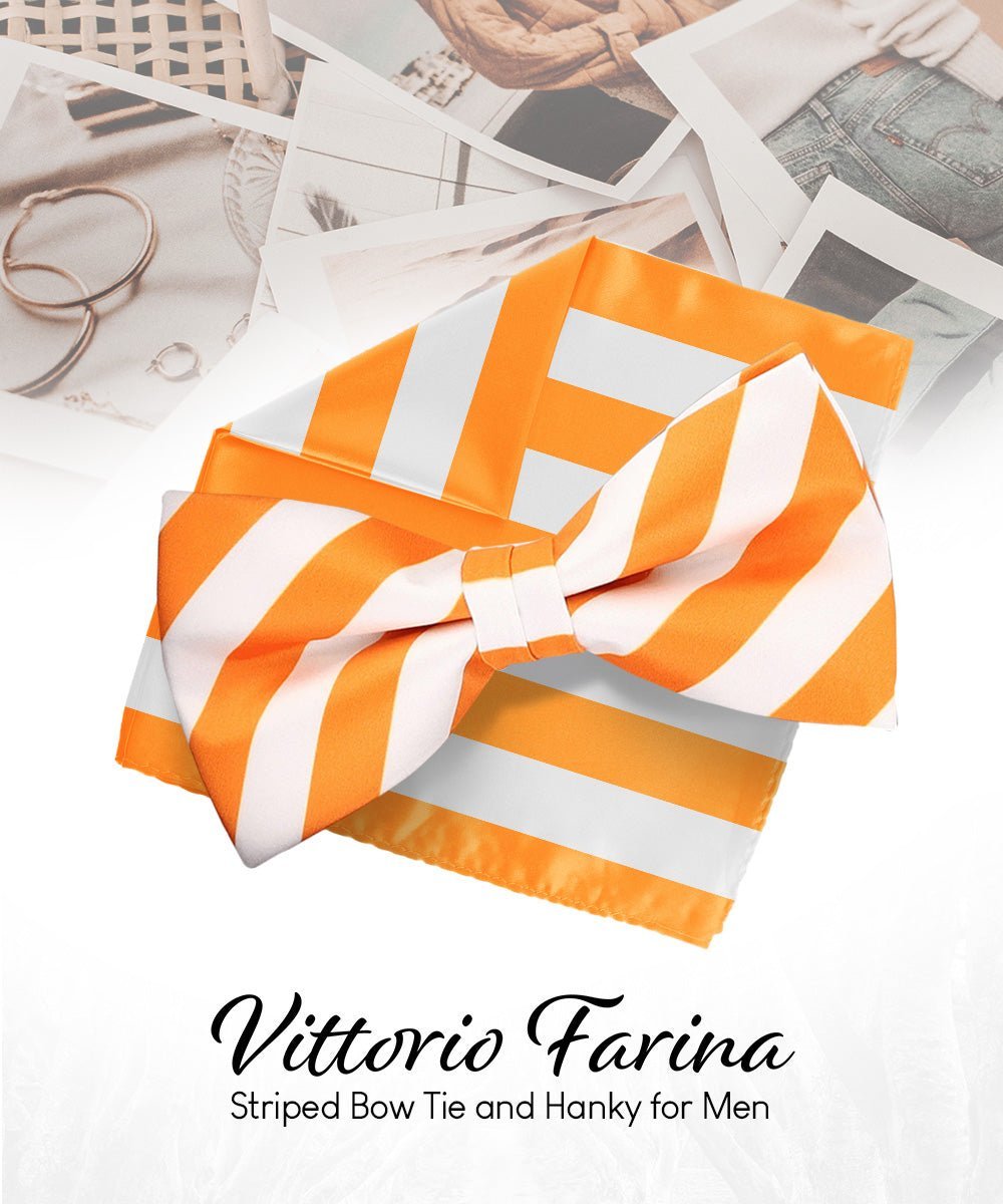 Vittorio Farina Men's Striped Satin Bow Tie & Pocket Square in Gift Box - Suits You Sir - White and Orange - 