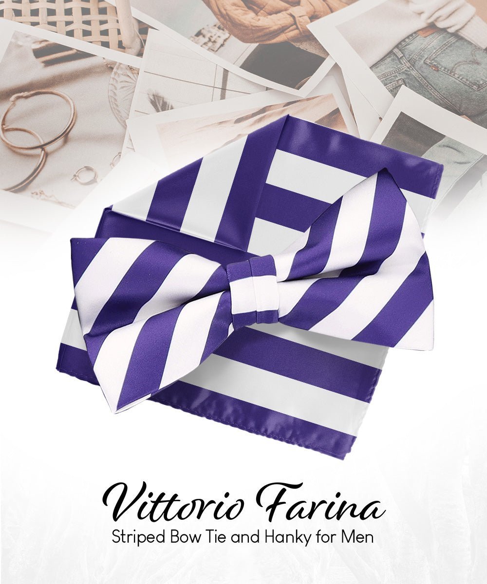 Vittorio Farina Men's Striped Satin Bow Tie & Pocket Square in Gift Box - Suits You Sir - White and Purple - 