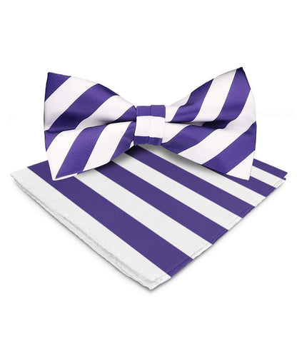 Vittorio Farina Men's Striped Satin Bow Tie & Pocket Square in Gift Box - Suits You Sir - White and Purple - 