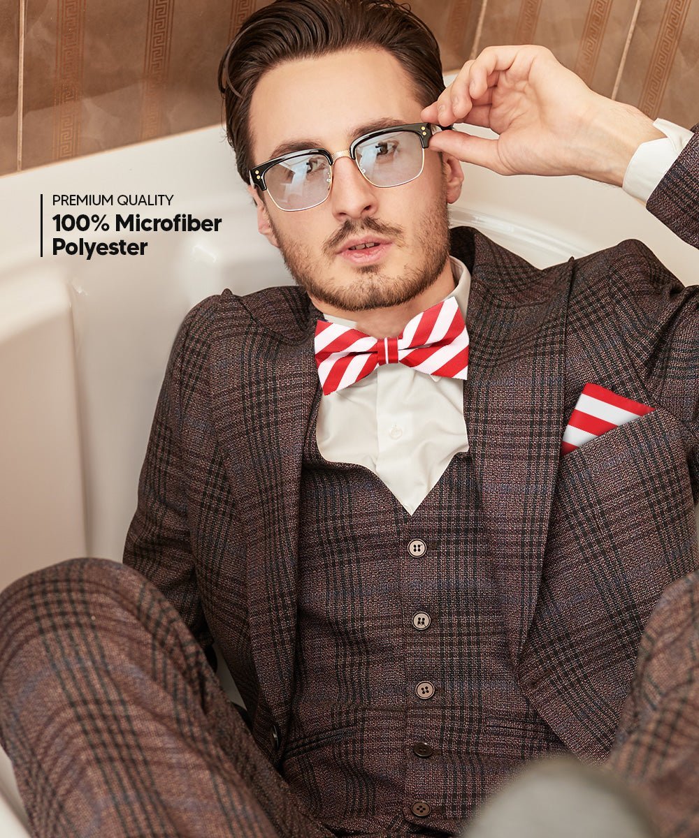 Vittorio Farina Men's Striped Satin Bow Tie & Pocket Square in Gift Box - Suits You Sir - White and Red - 