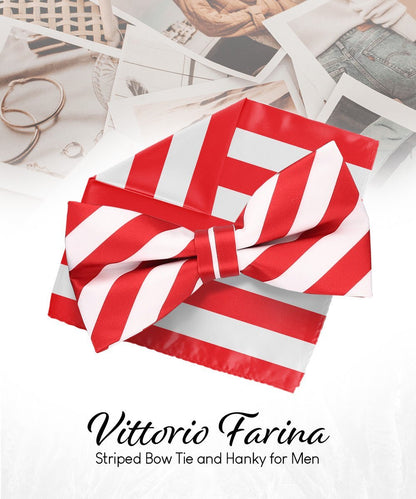 Vittorio Farina Men's Striped Satin Bow Tie & Pocket Square in Gift Box - Suits You Sir - White and Red - 