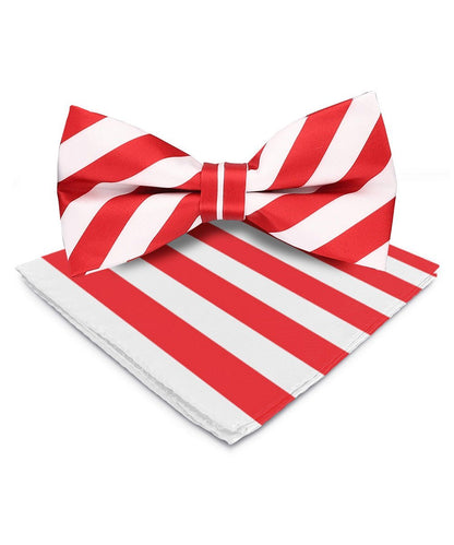 Vittorio Farina Men's Striped Satin Bow Tie & Pocket Square in Gift Box - Suits You Sir - White and Red - 