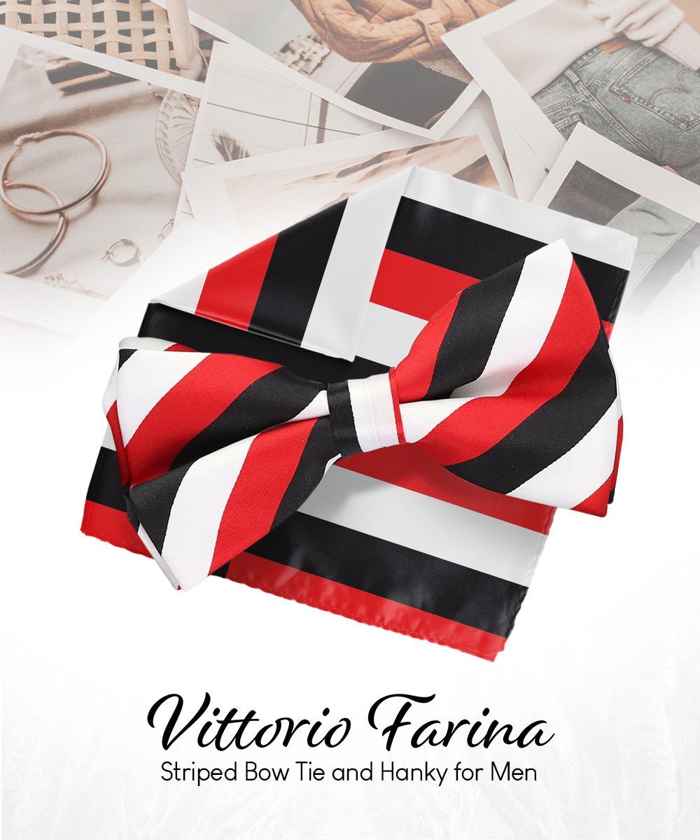 Vittorio Farina Men's Striped Satin Bow Tie & Pocket Square in Gift Box - Suits You Sir - White Red and Black - 